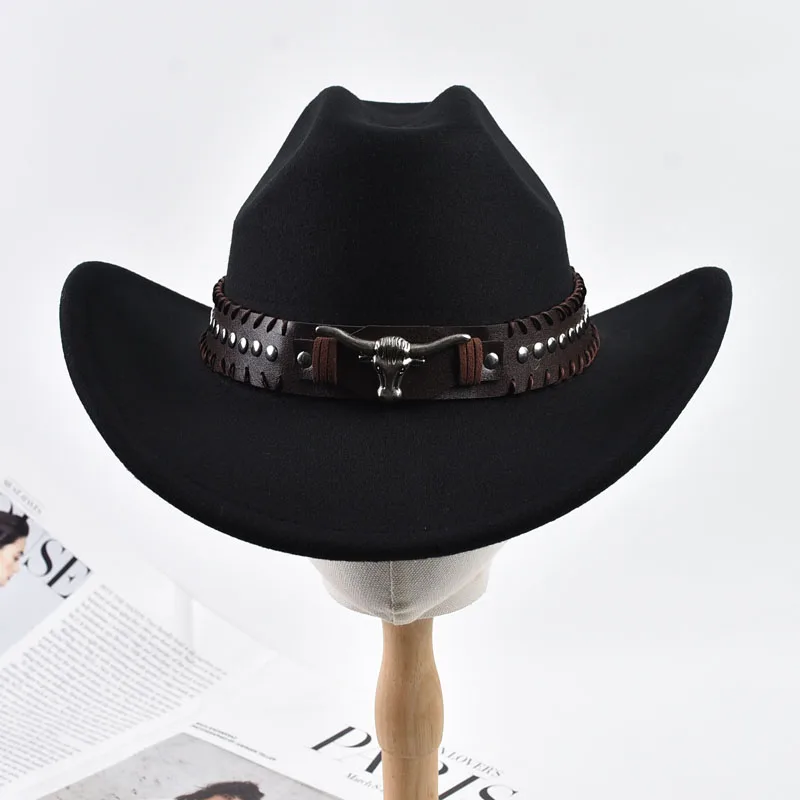 Retro Bull Ox Kopf Niet Leder Band Western Cowboy Hut Unisex Roll Up Krempe Cowgirl Jazz Hut Kirche Sombrero Hombre Caps – Detail 7