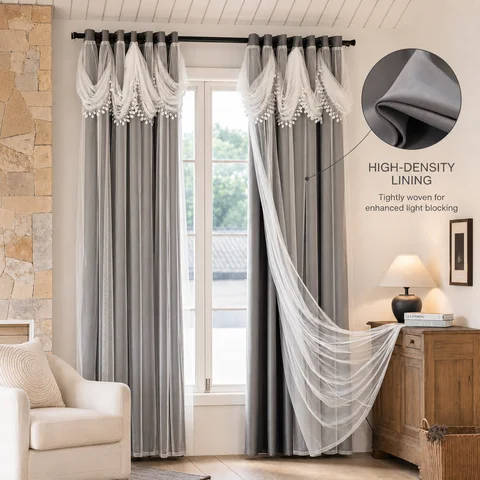 French Romantic Swag Valance Curtains with Pearl Tassel Trim, Blackout Drapes, European Luxury Palace Style, Living Room Bedroom, Grommet Top, 2 Panels