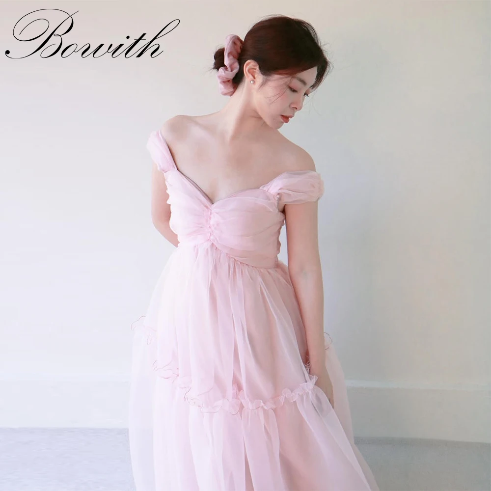 

Bowith Baby Pink Korean Evening Party Dresses Customized Off the Shoulder Tulle Korean Prom Dresses Wedding Snap Dresses