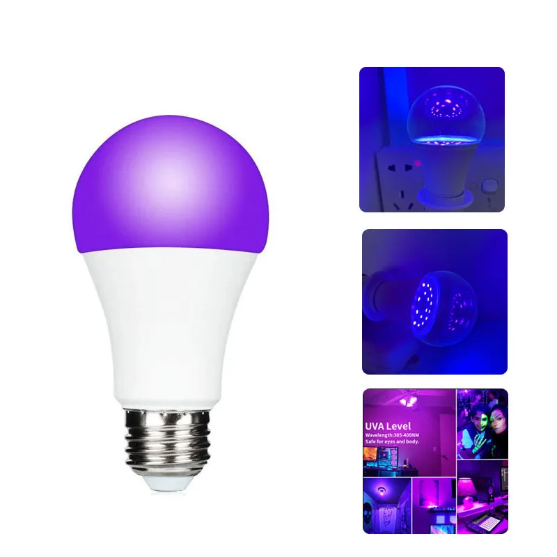 

10pcs UV UVA Purple LED Bulb A60 Ball E27 Bubble 395nm Atmosphere Exhibition Party Disco Black Light Effect KTV Stage Atmosphere