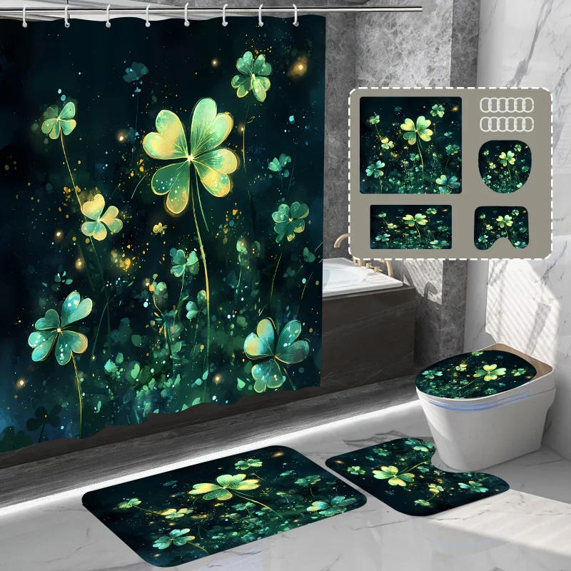 1pc/4pcs St. Patrick's Day -Leaf Clover Lucky Bathroom , 12 Hooks Free, Four-piece Set Includes Non-slip Carpet, U-shaped