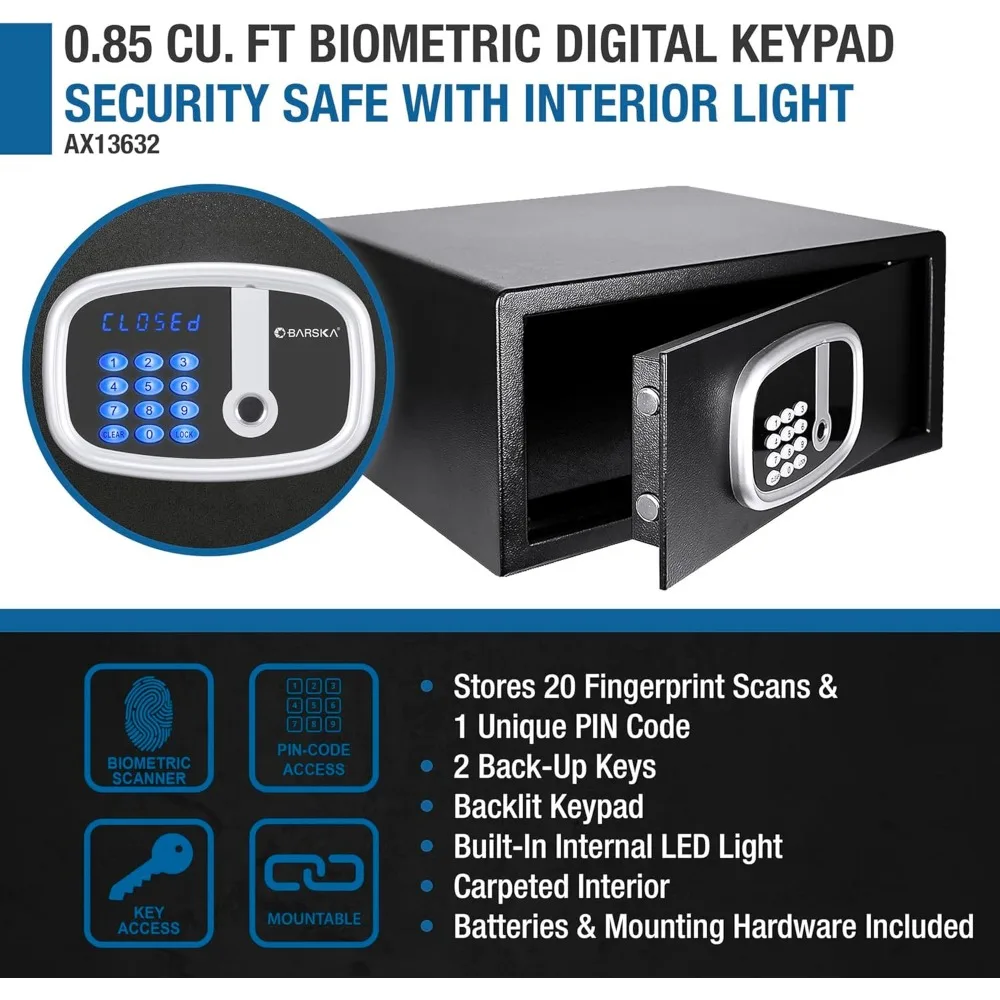 0.85 Cu Ft Digital Biometric Safe with Keypad – Fingerprint Scanner, ADA Compliant LED Display, Interior Light, Motorized Steel