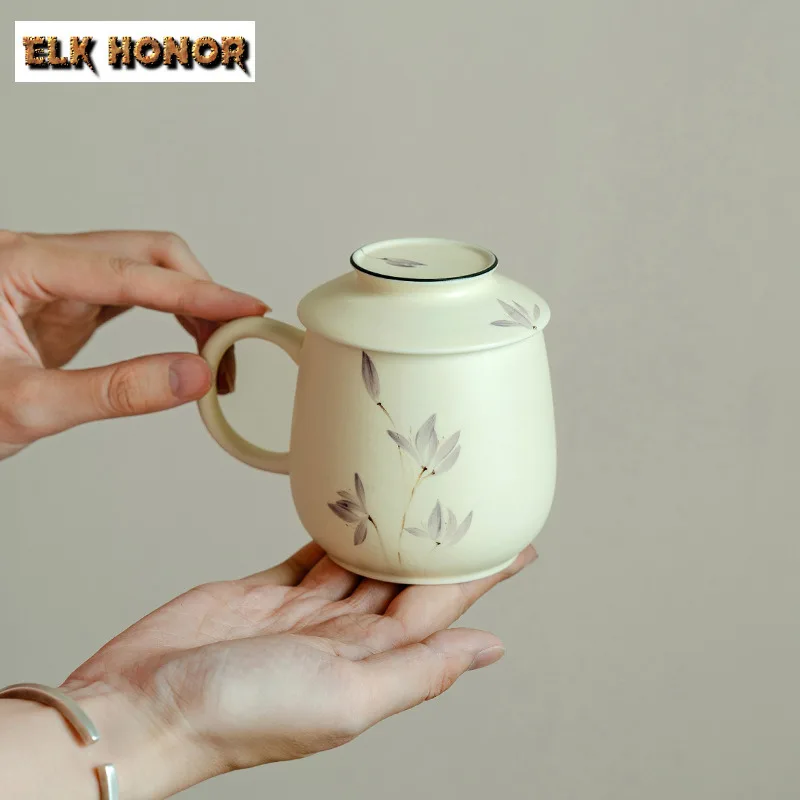 

260ml Powder Yin Pure Hand-painted Purple Orchid Coffee Mug Cappuccino Latte Cup Afternoon Tea Mug Office Water Cup With Lid