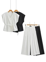 HH Women Asymmetric Linen Shirt Pant Sets 2024 V-Neck Flying Sleeve Blouse+Wide Legs Pleated Pants Suits Y2K Outwear