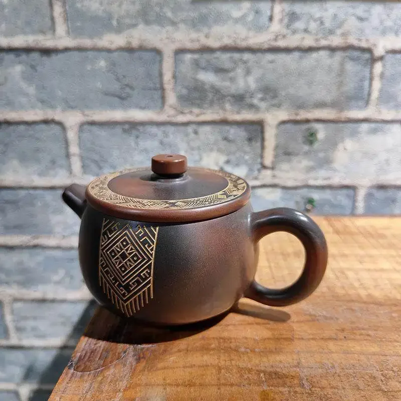 Pottery teapot pure handmade raw ore material large mouth Han tile pot bronze large capacity tea set