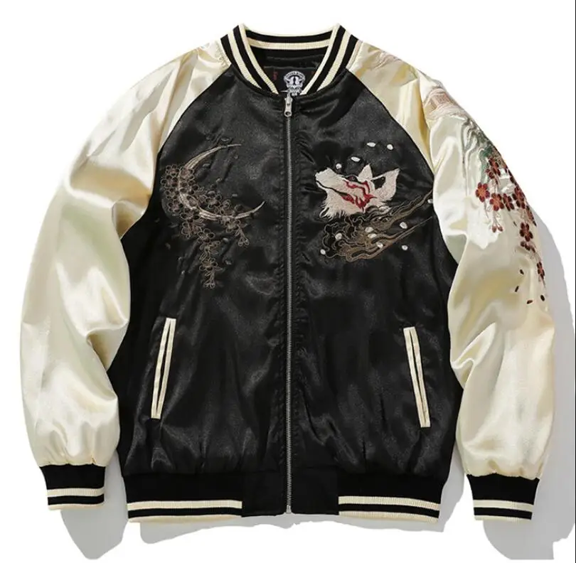 Men's Fashion Harajuku Embroidered Jacket High Street Varsity Baseball Coat With Nine-Tailed Fox Embroidery Outerwear For Male