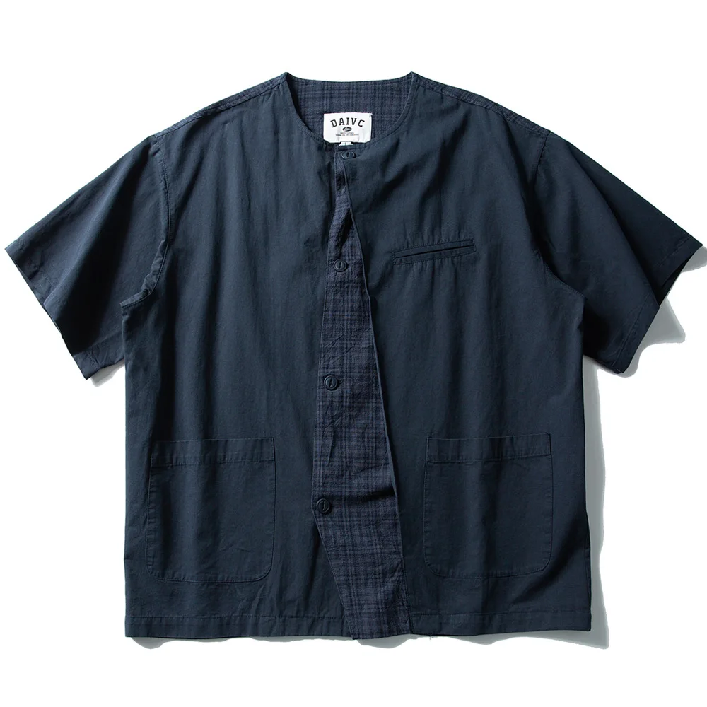 

Japanese Streetwear Amekaji Shirt Men Collarless Splice Plaid Loose Casual Short Sleeve Pure Cotton Shirts Women Blouses