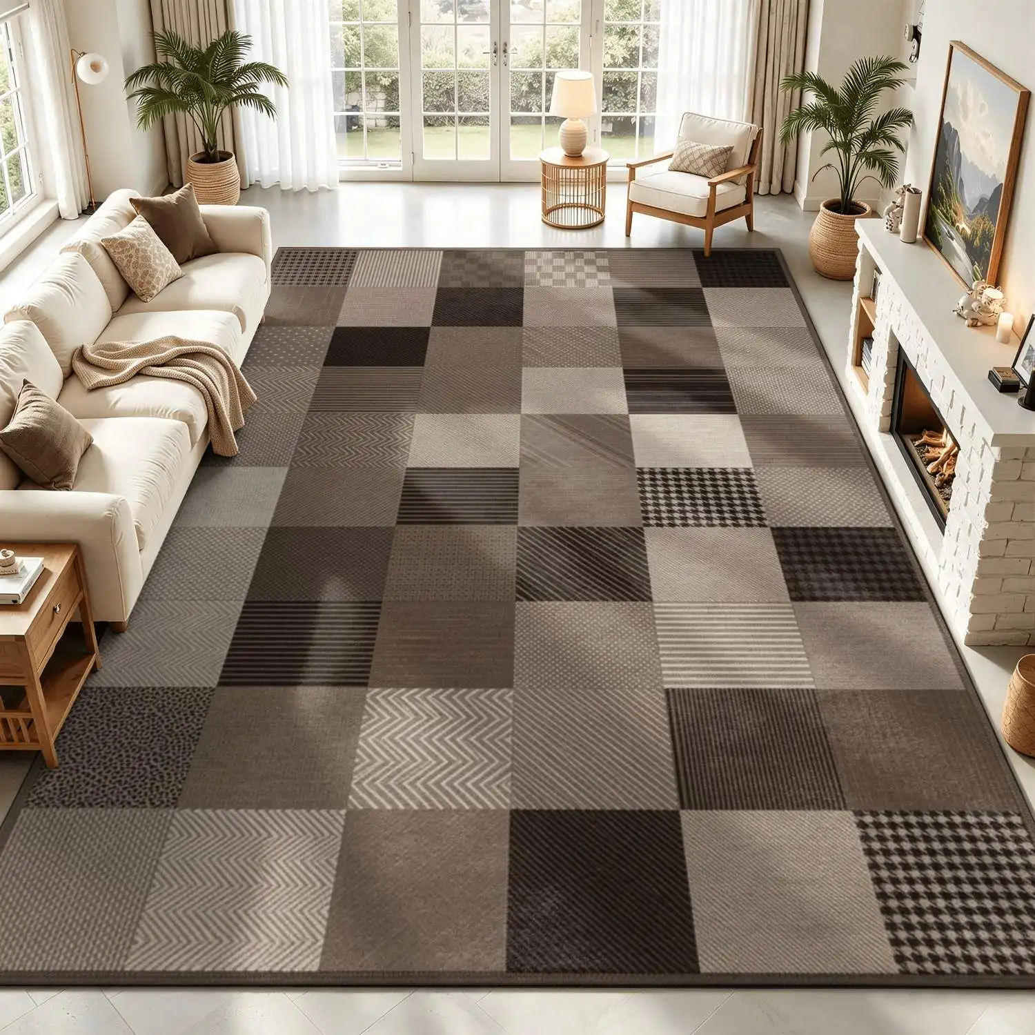 1Pc 2D Printed Carpet: Nordic, Modern Minimalist, European Style, Brown-Gray Geometric Pattern, Machine Washable, Multi-Size, Suitable for Home Decor, Entrance/Dining/Foyer/Bedroom/Living Room Use