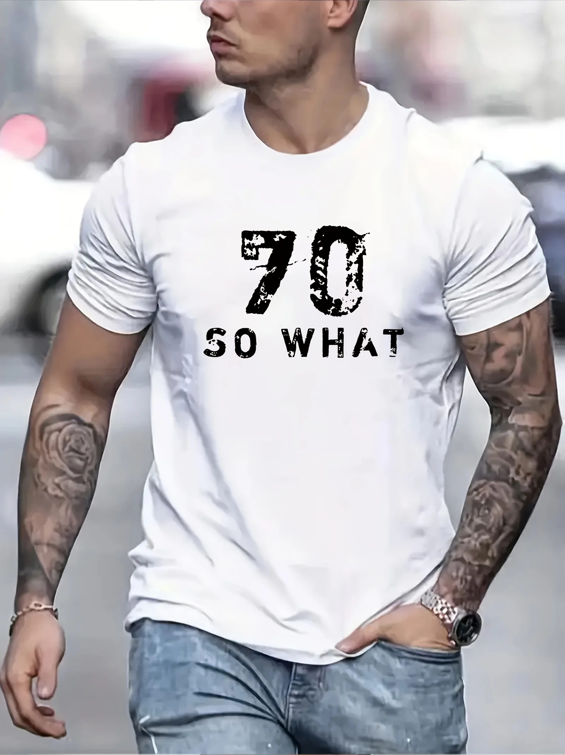 

Men'S Simple Number 70 and Letter Print T-shirt, Short-sleeved Crew Neck Casual Top for Summer, Men'S Clothing