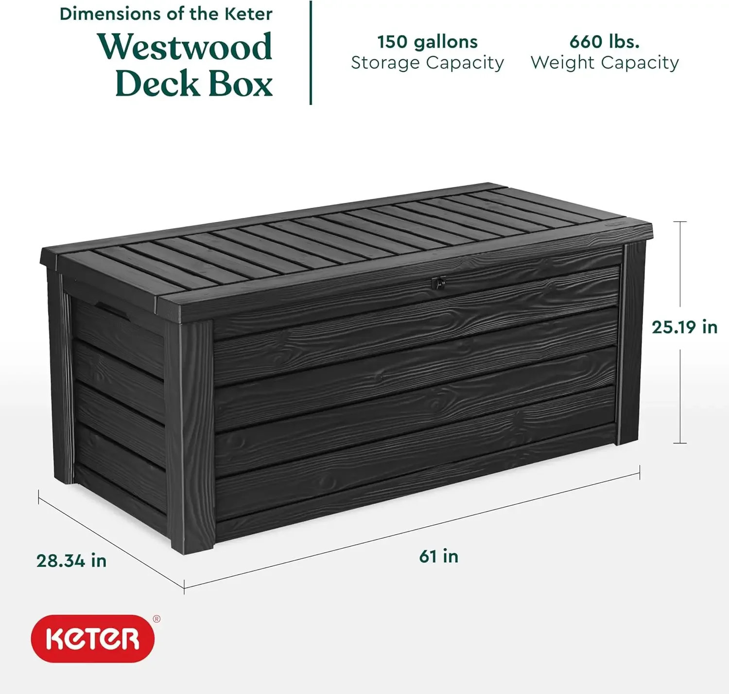 Keter Westwood-All-Weather resina Deck caixa de armazenamento, banco ao ar livre com pistão assistida tampa bloqueável e lateral, 570L