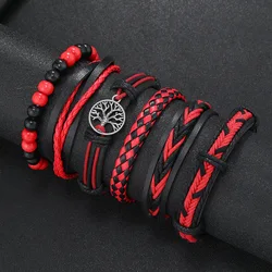 Red 6 Pc/set Tree Black Wrap Woven Handmade Wood Beads Bracelets Male Women Leather Bracelets Men Bangle Wholesale Jewelry Gift