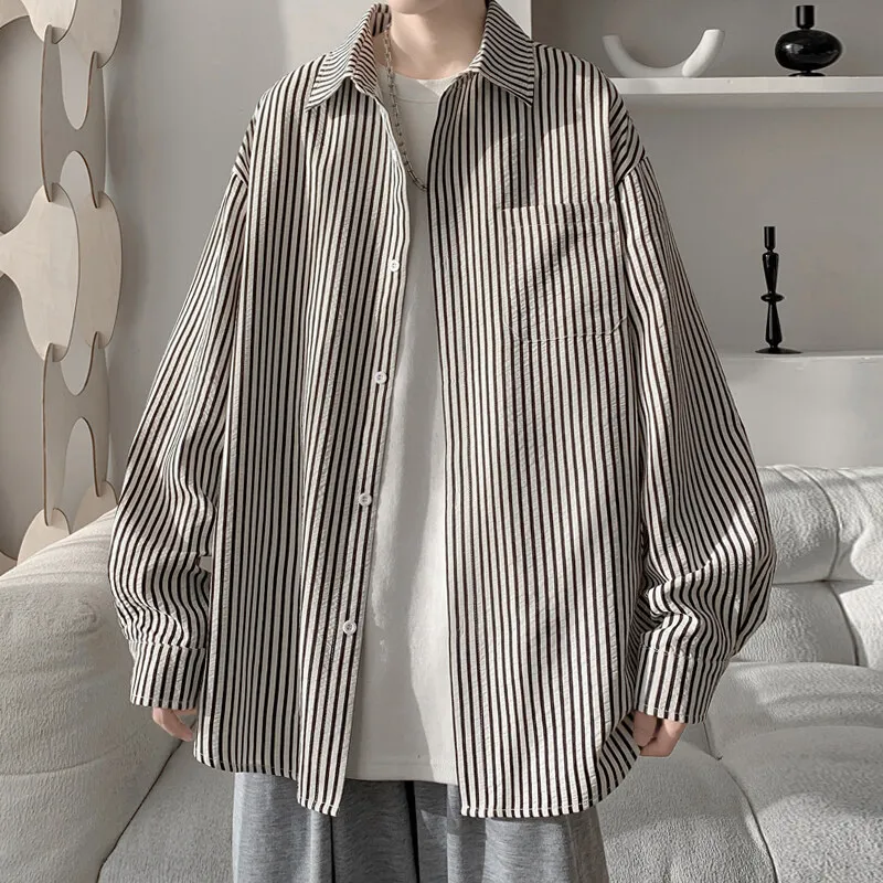 LAPPSTER Y2k Oversized Striped Shirts Korean Fashion Blouses Men Funny Vintage Harajuku Printed Long Sleeve Button Up Shirts