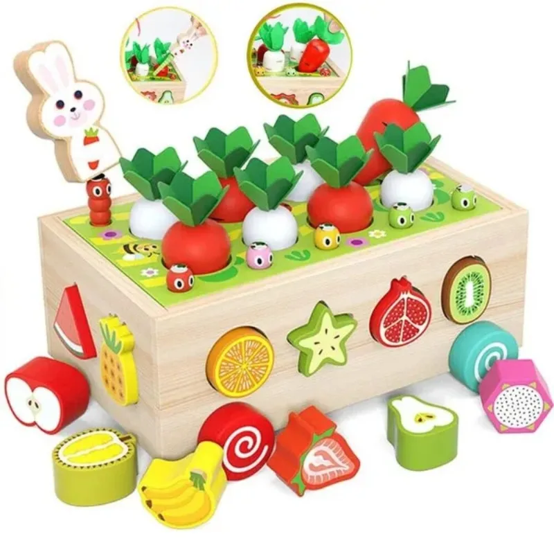 

Montessori Wooden Garden Toy Fine Motor Skills Developmental Gift Toy Color Shape Fruit Sorting Orchard Cart Farm Game for Baby