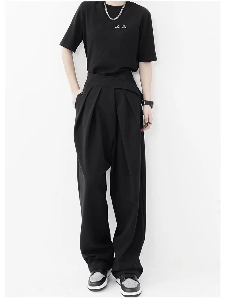 

Black Wide Leg Suit Pants for Men Designer Style High Waist Baggy Trousers Unisex Casual Daily Wear with Velcro Detail