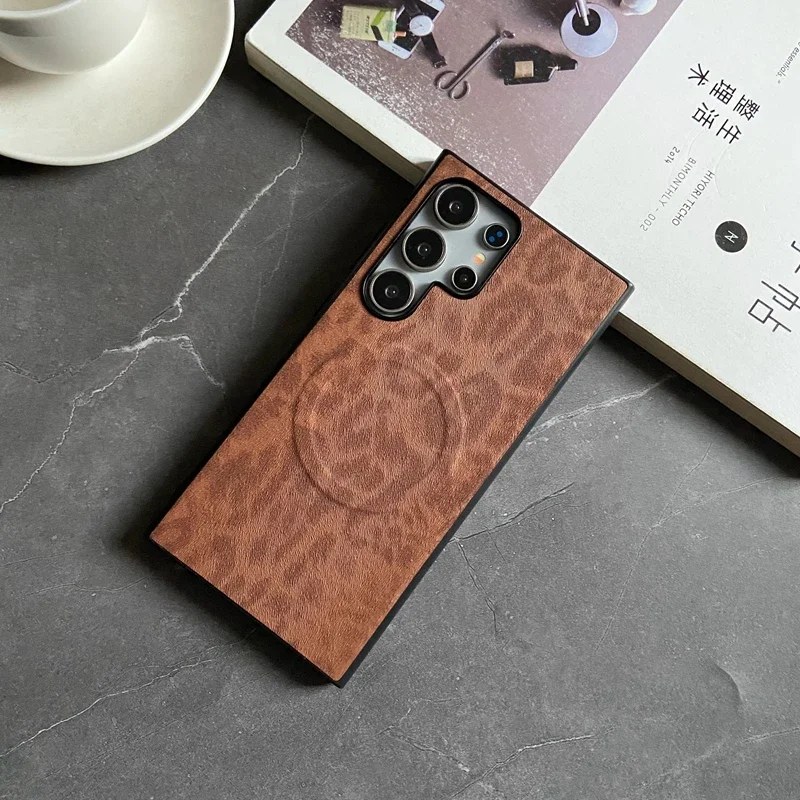 Luxury Business Magnetic Leather Phone Case for Samsung Galaxy S25 S24 S23 S22 Ultra Plus FE Leopard Floral Shockproof PU Cover