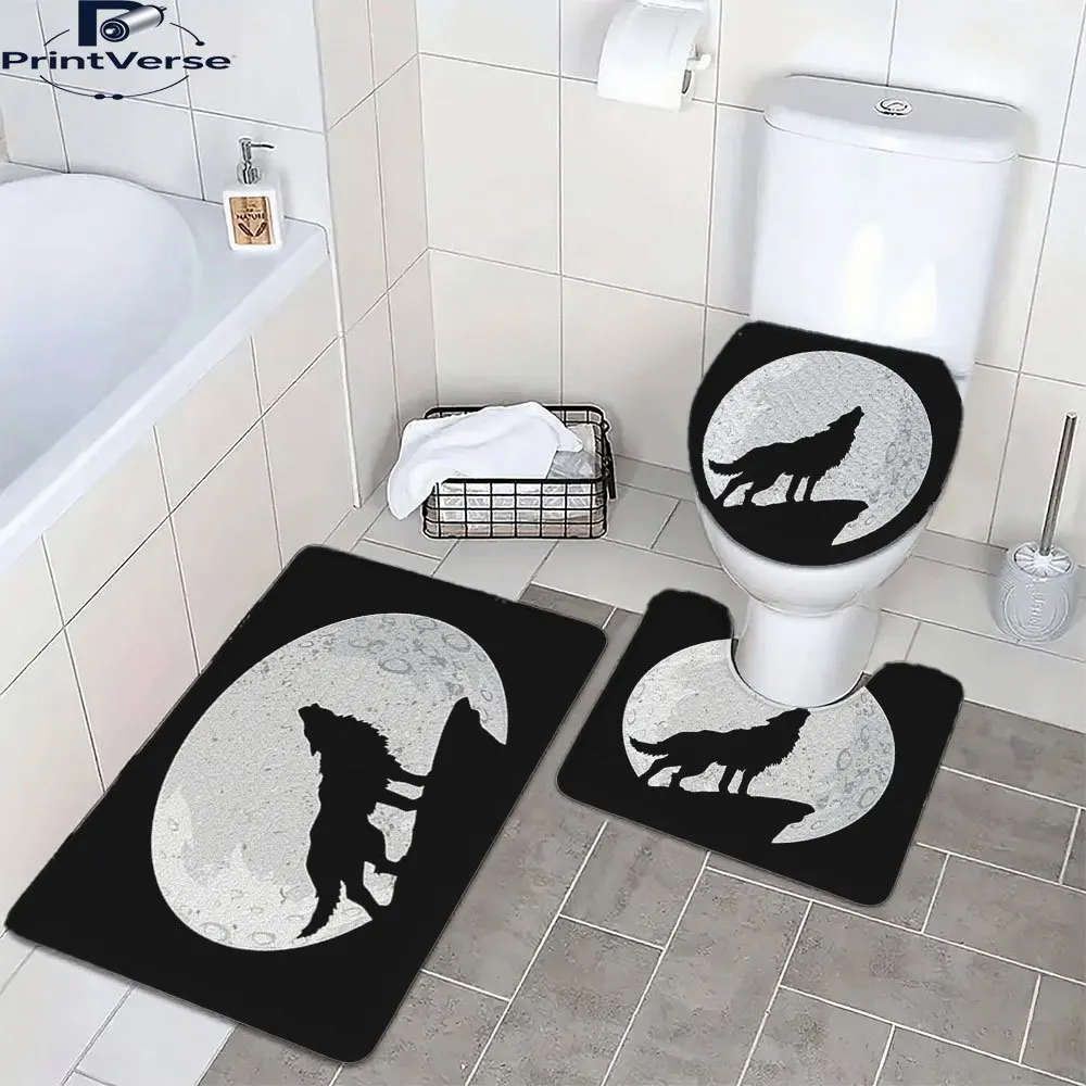 

3pcs set elegant Wolf Howling at the Moon Silhouette Three-Piece Non-Slip Floor Mat Set Usually suitable for bathroom decoration