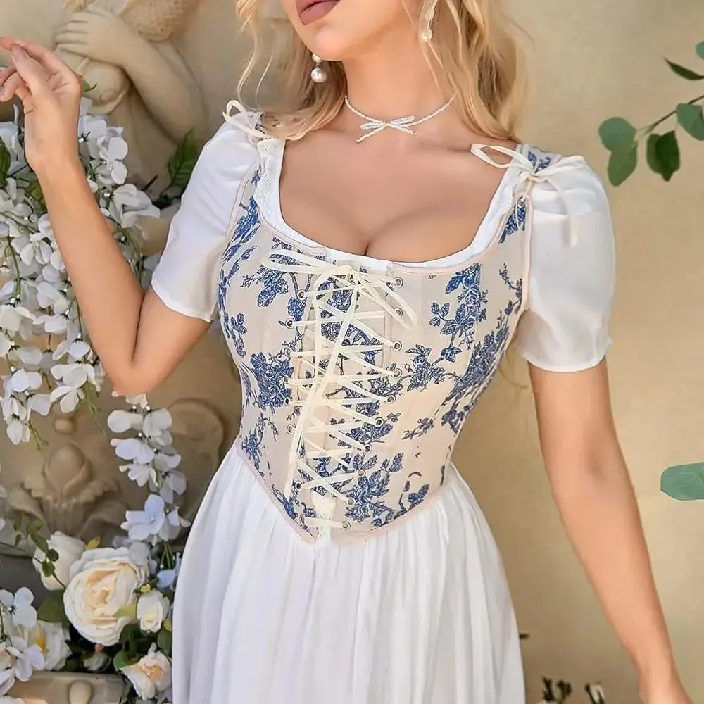 Vintage Corset Women Flower Pattern Tight Bustier Vest Drawstring Corsets Tank Top Slim Fit Body Shaper Bustiers Korset Camisole