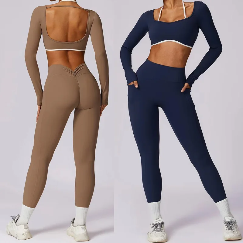 Women Two Piece Patchwork Sport Yoga Set High Waist Back-v Workout Set Workout Clothes for Women Outfit Fitness Gym Tracksuit