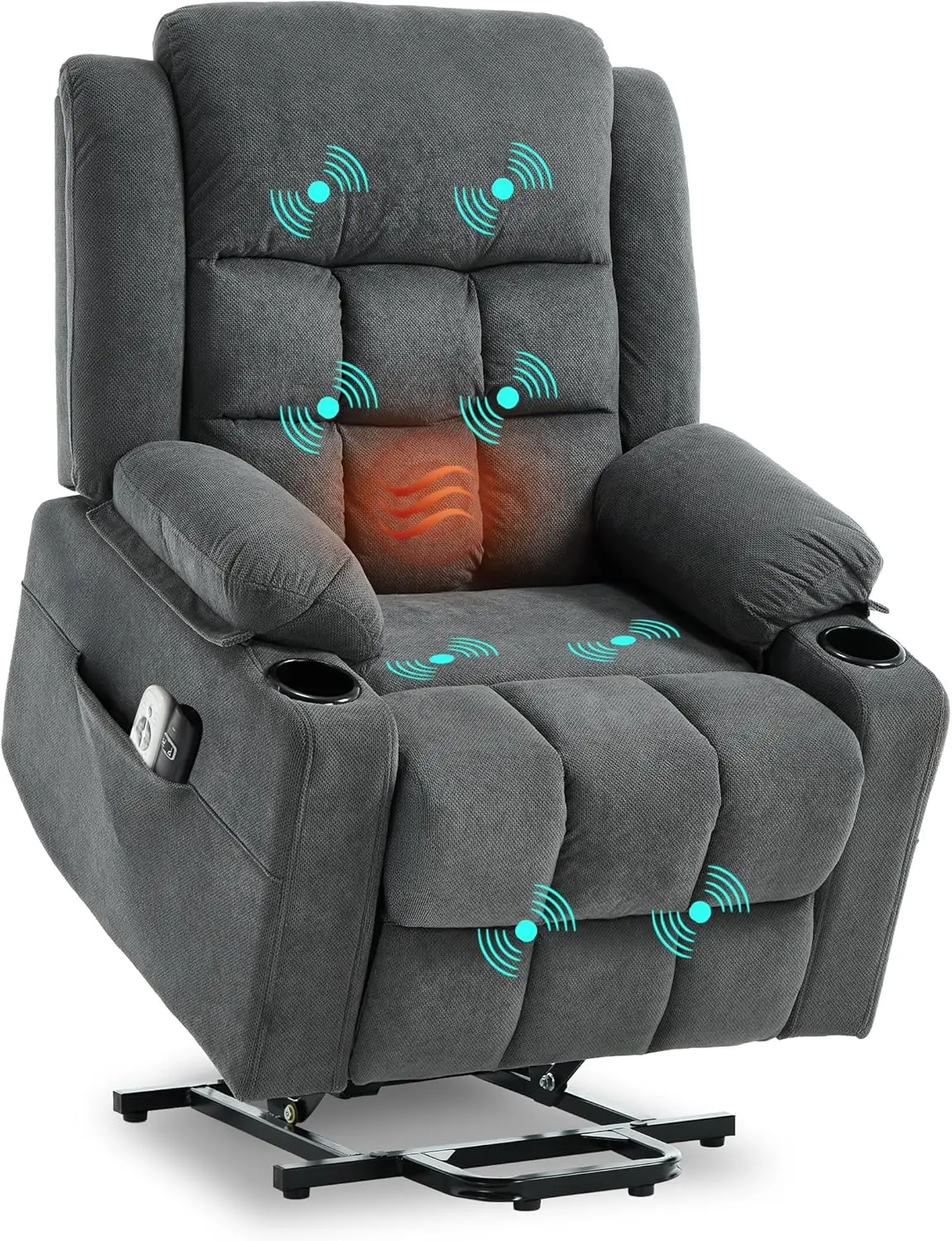 Living Room Elderly Chair, Velvet Fabric Dark Grey, Massage Heat USB Type-C Cup Holders Infinite Position