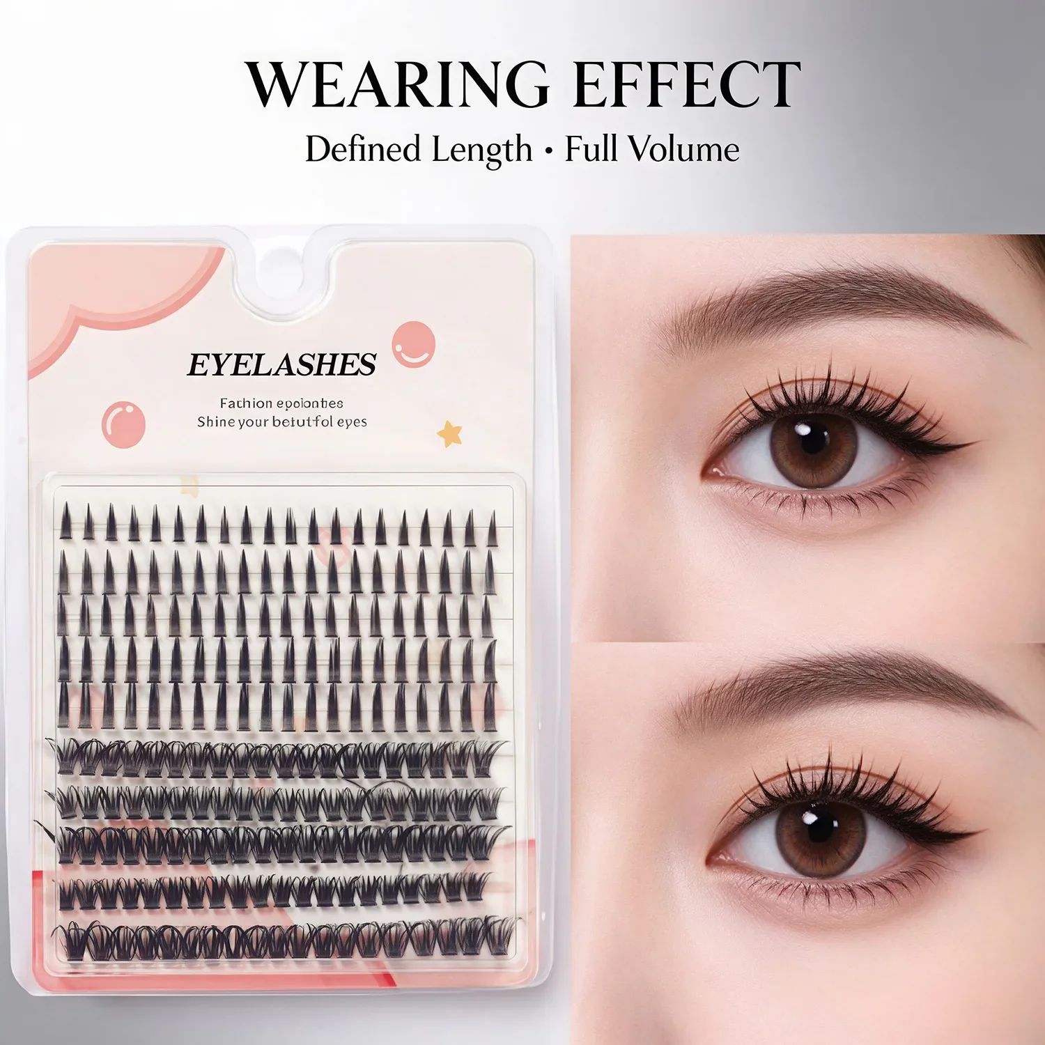 Large capacity mixed clustered upper eyelashes with thick tufted hair, pointed and fine lower eyelashes, hand tufted hair