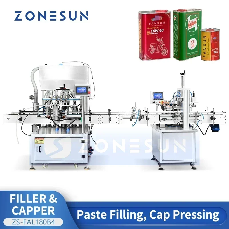 ZONESUN Automatic Filling Capping Production Line Piston Pump Filler Capper Paint Can Cap Packaging Equipment ZS-FAL180B4