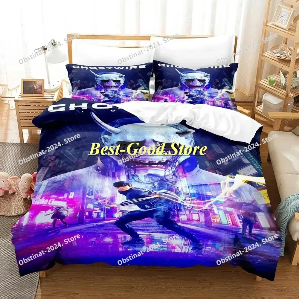 Ghostwire：Tokyo Bedding Set Single Twin Full Queen King Size Bed Set Aldult Kid Bedroom Duvetcover Sets 3D Anime Bed Sheet Set