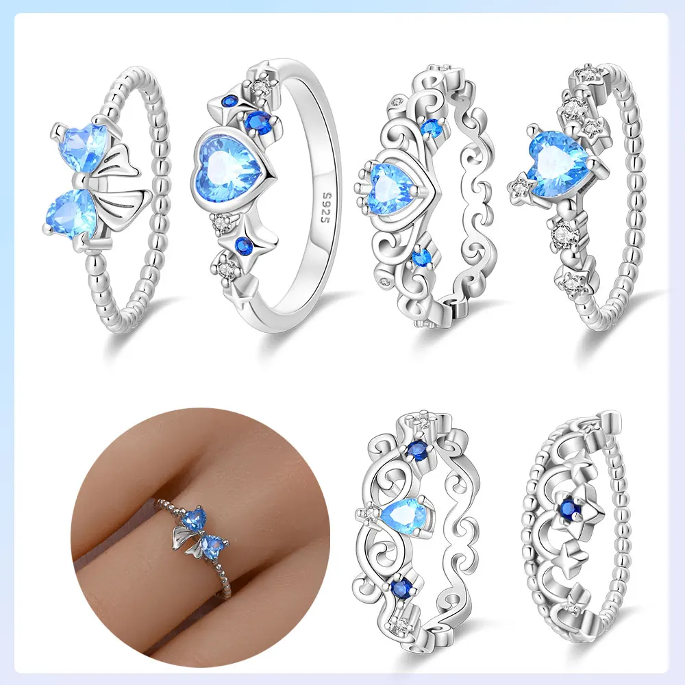 Blaue Serie Ringe 925er Silber vergoldet Schleife Herz Stern Krone Damenring Original Hochzeit Modeschmuck Größe 7-9