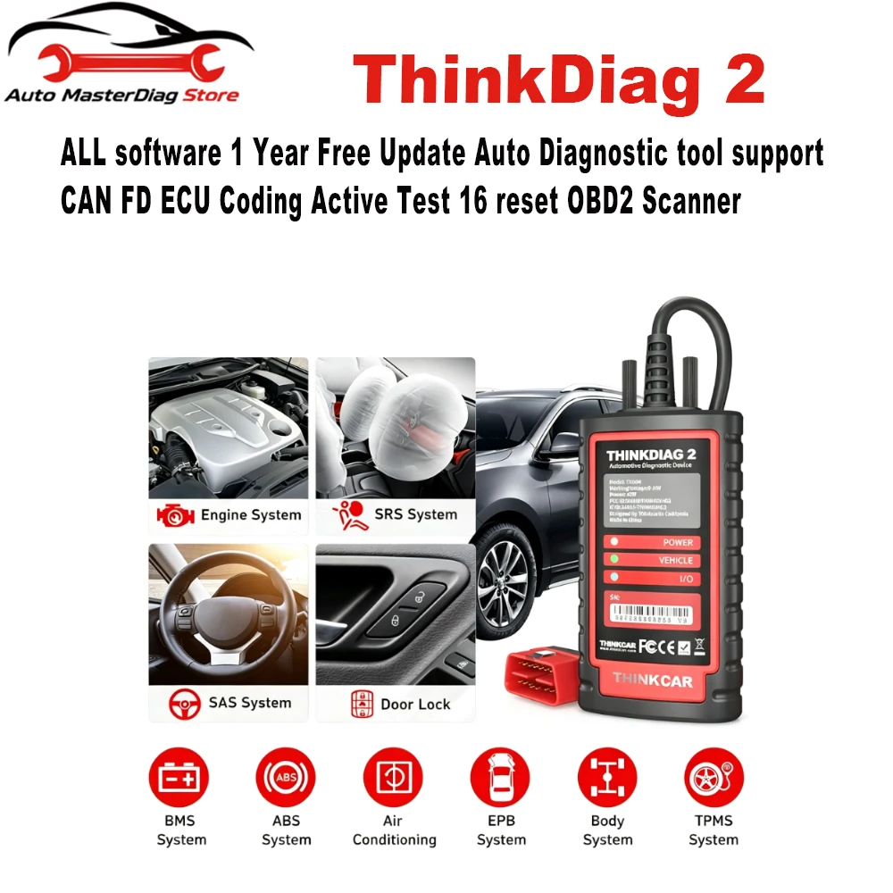 ThinkDiag 2 ALL software 1 Year Free Update Auto Diagnostic tool support CAN FD ECU Coding Active Test 16 reset OBD2 Scanner