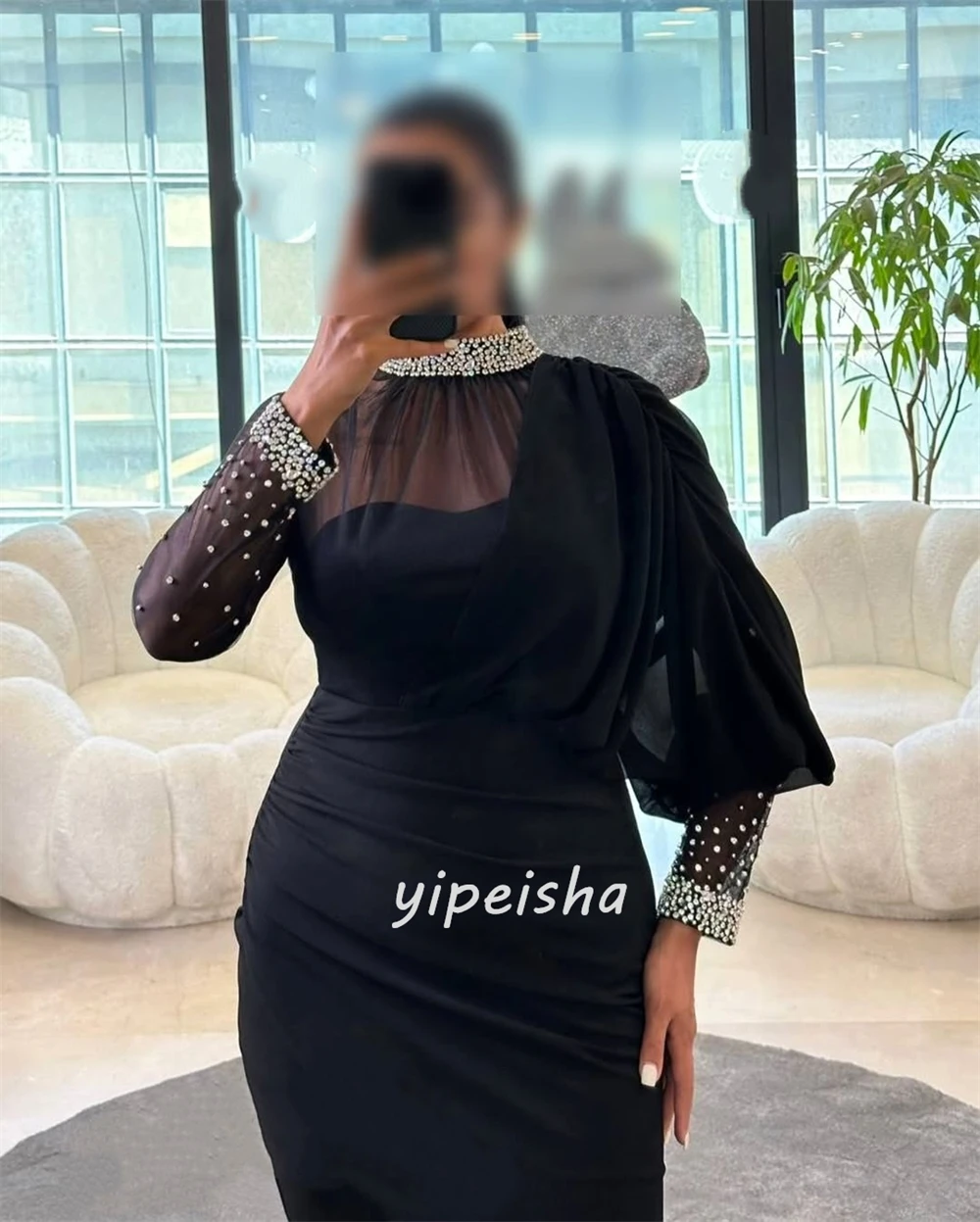 Customized Formal Classic Jersey Rhinestone Pleat Column High Collar Ankle Length Dresses Bespoke Occasion Dresses Modern Style