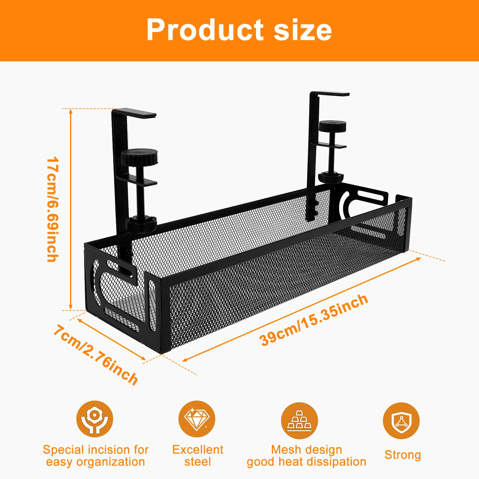 Under Desk Cable Management Tray No Drill Clamp Mount Metal Mesh Organizer For Power Strip Cables Adapters Home Office Gaming - view 2
