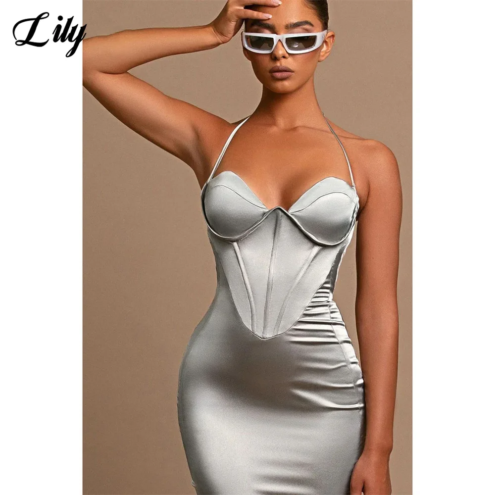 Lily Silver Sexy Trumpet Prom Dresses Halter Sleeveless Party Dresses Floor Length Evening Dresses Sweep Train فساتين السهرة