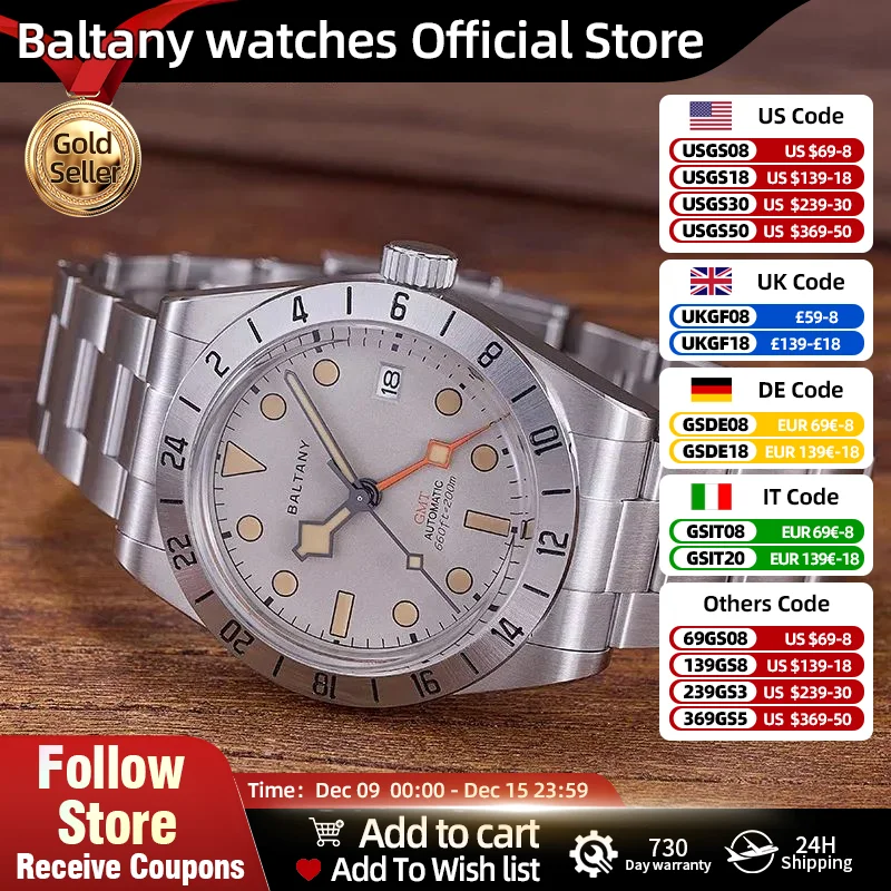 Baltany GMT Sport Watches S6073 NH34 Bracelet 39mm Fixed Bezel Stainless Steel Lumin 20ATM Waterproof Vintage Style Wristwatch