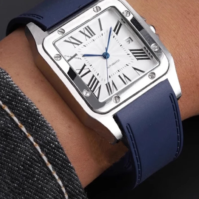 ل كارتييه كبير سانتوس ساندوز سانتوس 100 سيليكون حزام الساعات مقاوم للماء الرجال حزام ساعة مطاطي اكسسوارات 23 مللي متر 25 مللي متر سوار