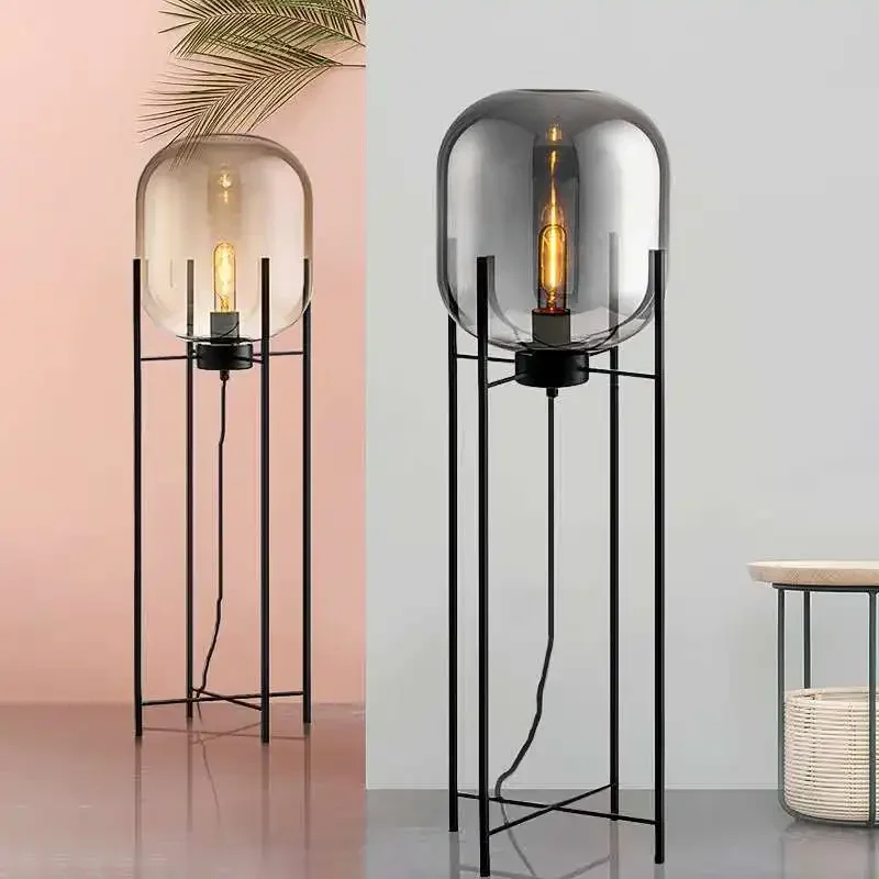 TechHPPost-modern Nordic Industrial Floor Lamp Smoky Grey Glass Tripod Stand Light For Living Room