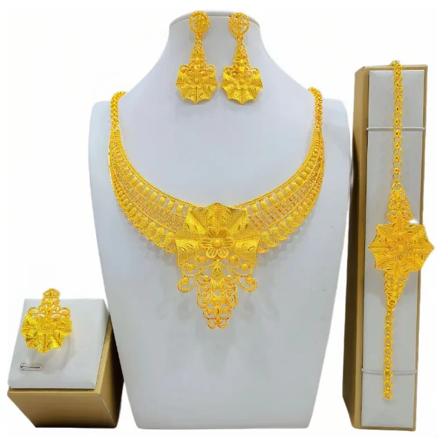 

Africa 24K Gold Round Design Jewelry Set Wedding Dubai Necklace Earrings Ring Bracelet Women's Nigerian Indian Bride 4-pie