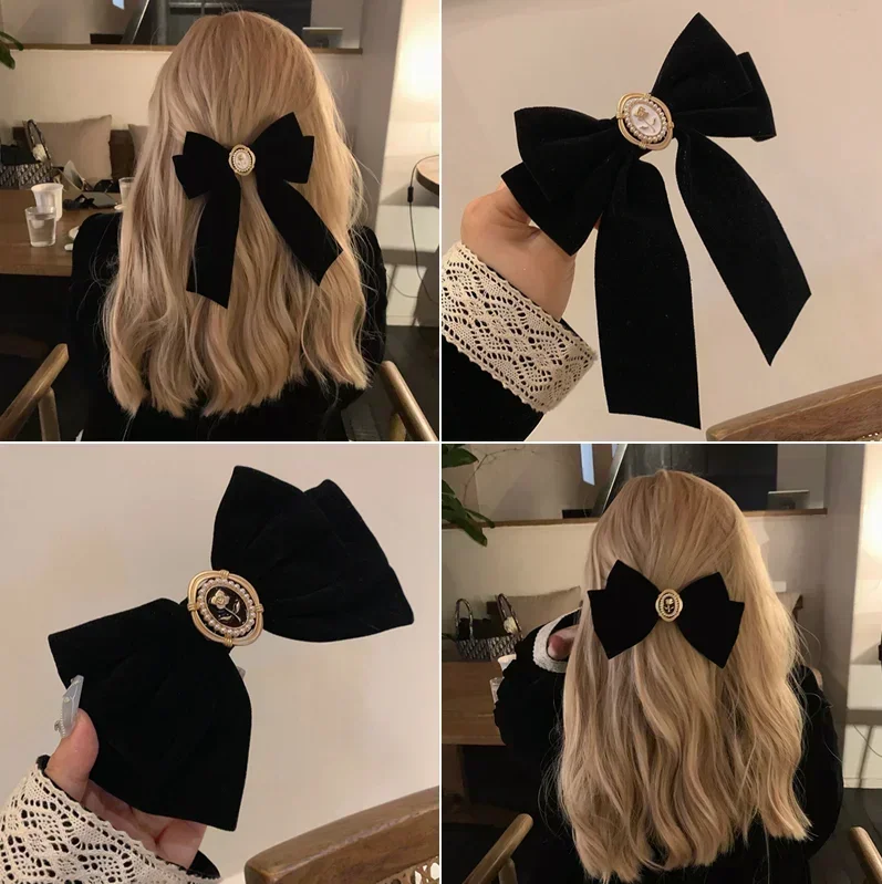 Korean Black Velvet Bow Hair Pin Elegant Spring Hair Clips Vintage Rose Headwear Barrettes Women Hair Accessories