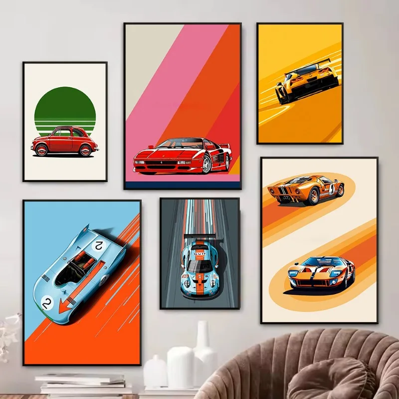 Vintage Colourful Racing Car Poster Abstract Classic Automotive Aesthetic Canvas Painting Wall Art for Garage Room Home Decor