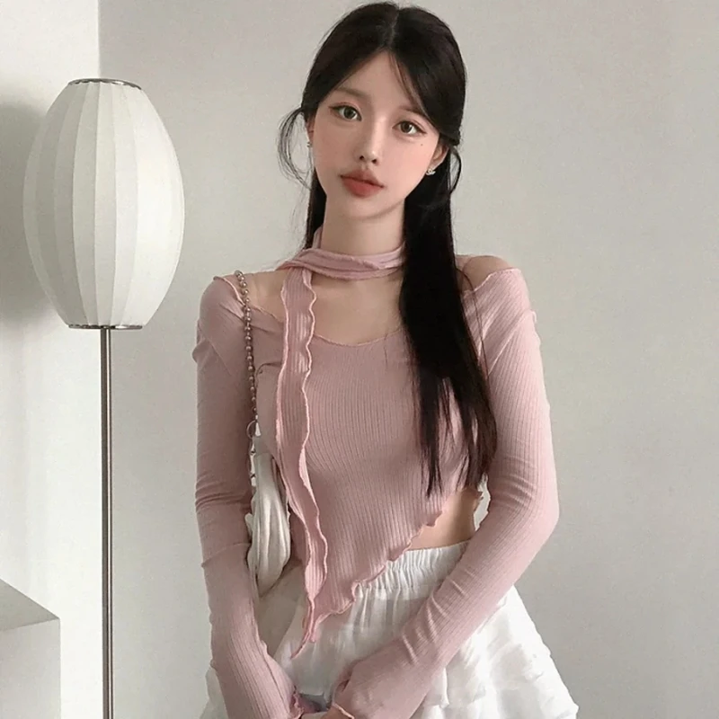 

Dongda Gate Autumn Winter New Style Short Length Long Sleeve Scarf Wavy Irregular Design Sensation T-Shirt Women's Fashion