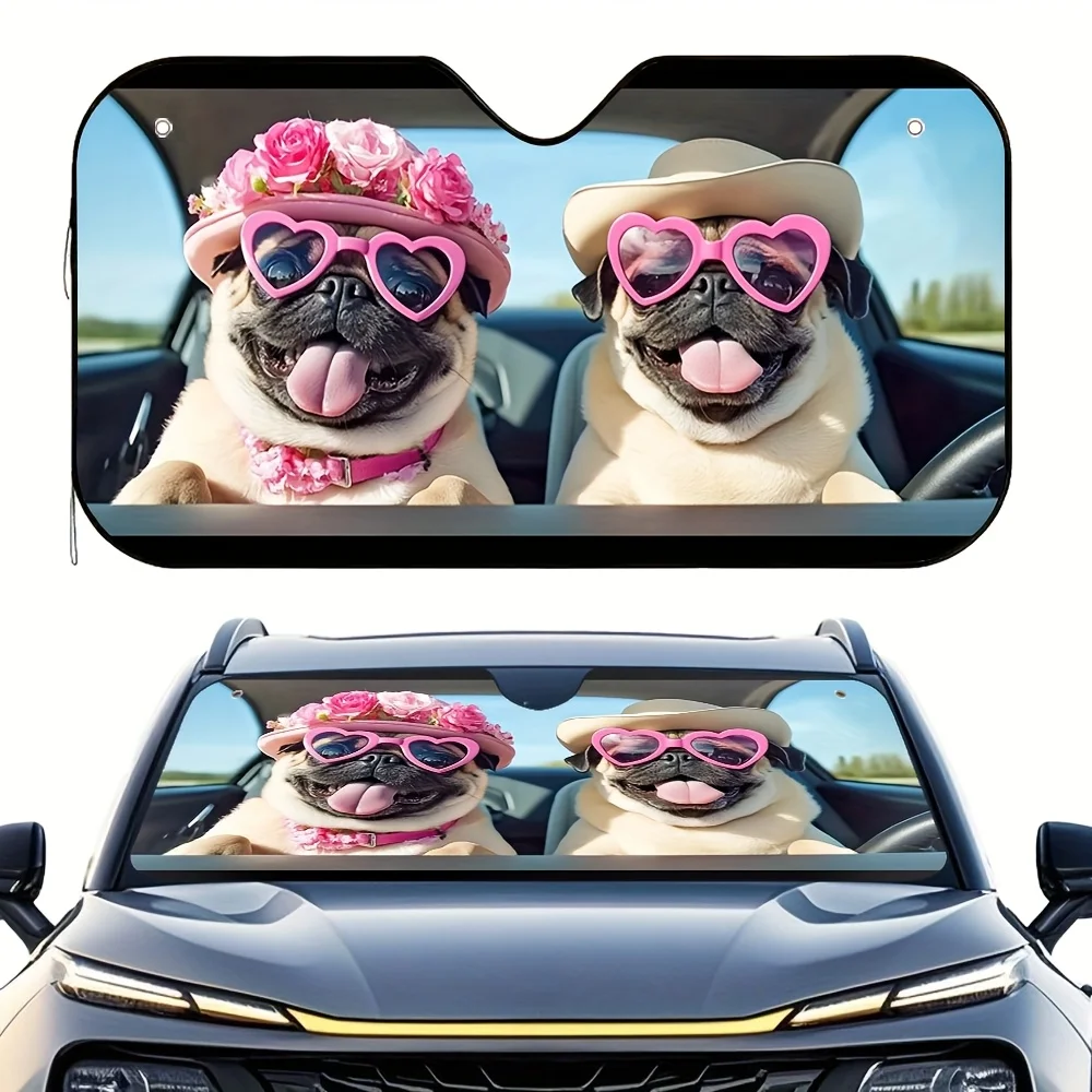 

1pc Valentine's Day VIP Dog Driving Print Sunshade with 4 Suction Cups Foldable & Easy to Install, Keeps Cool, High-Quality