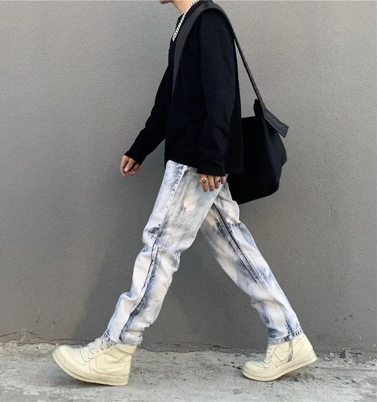 

Men's Versatile Straight Leg Jeans Washed out Snowflake Rendered Hip Hop Trendy Long Trousers Casual Loose Fit Jeans