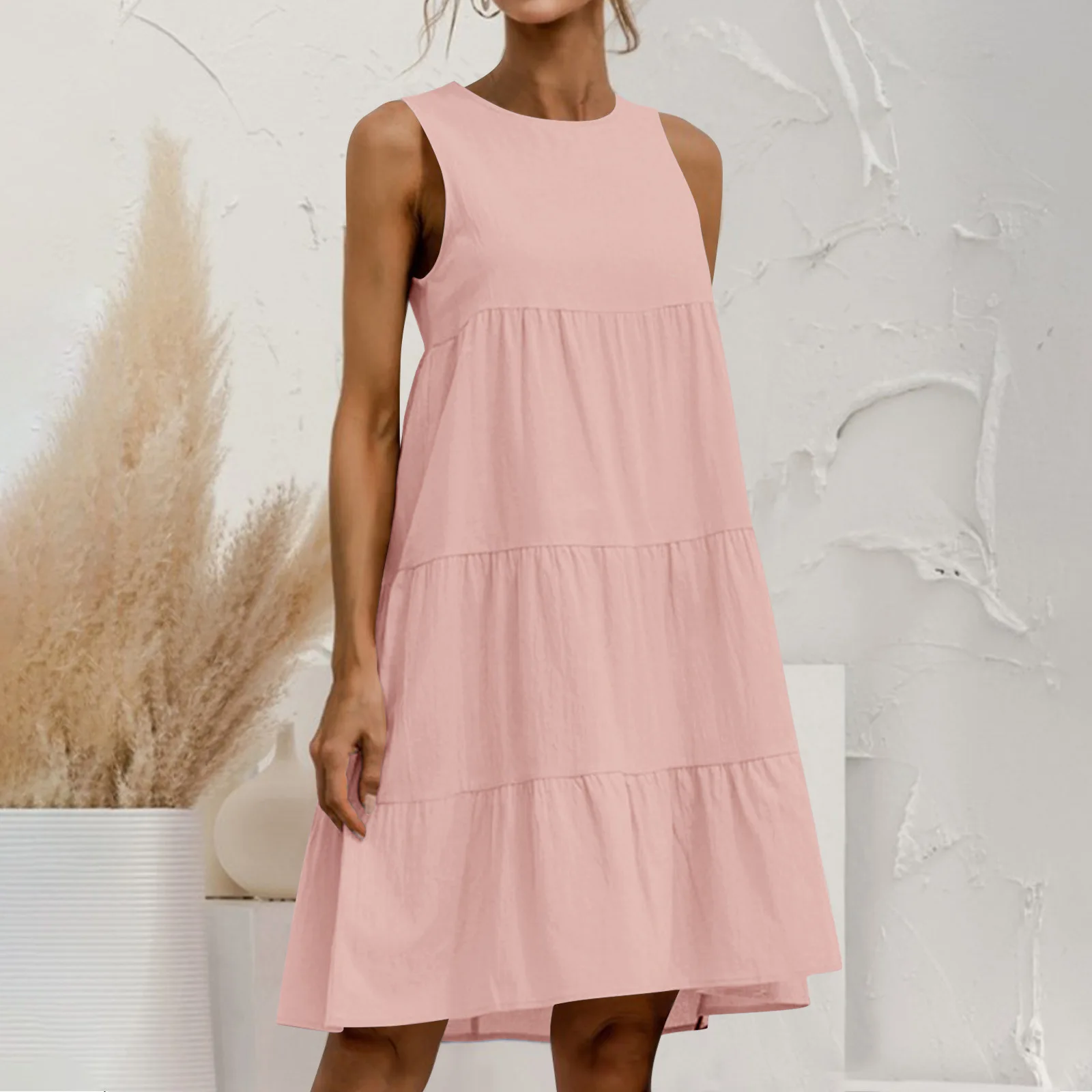 Scollo a V grande altalena tinta unita allentato senza maniche Boho le donne indossano abiti estivi casual con canotta smock abiti lunghi vestito estivo a pieghe