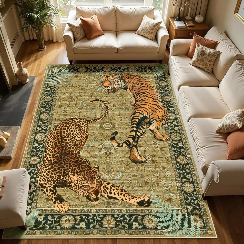 

Washable Tiger Print Rugs for Living Room, Large Vintage Boho Cheetah Bedroom Rug 8x10 Under Bed, Colorful Low Pile Non