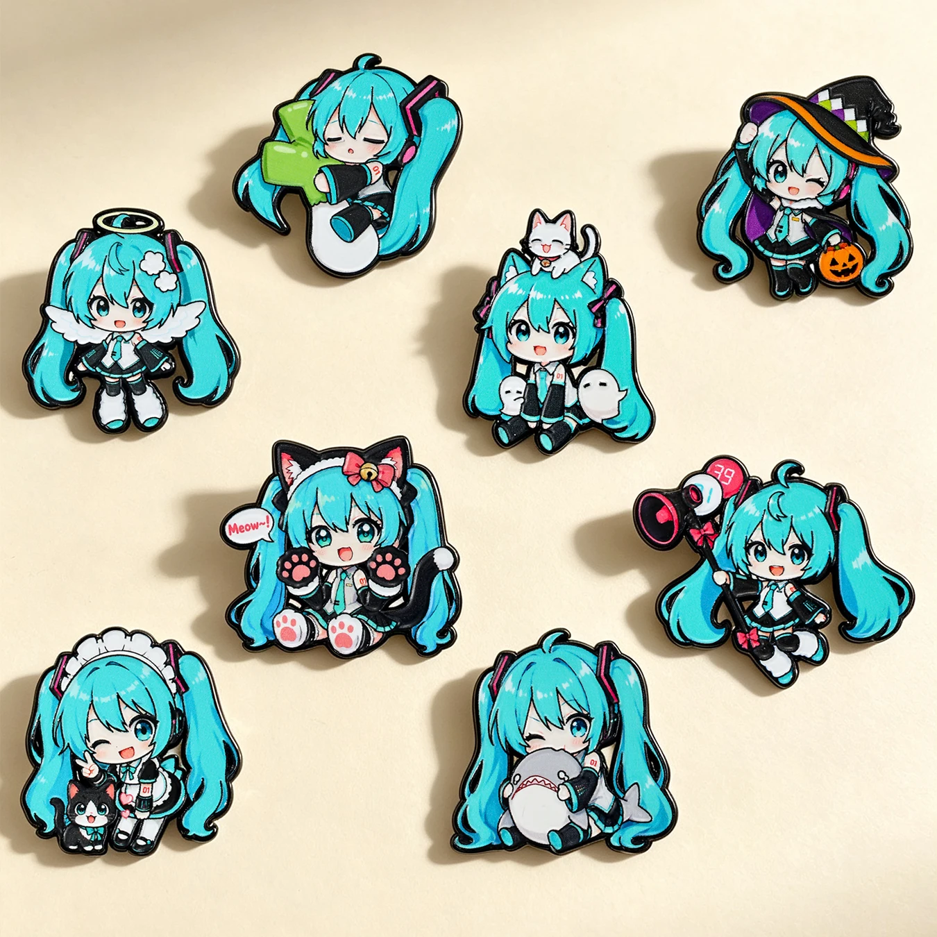 8pcs Kawaii Chibi Enamel Pin Set Multi-Pose Vocaloid Anime Brooches, Aesthetic Metal Lapel Badges for Backpack Clothing Gift