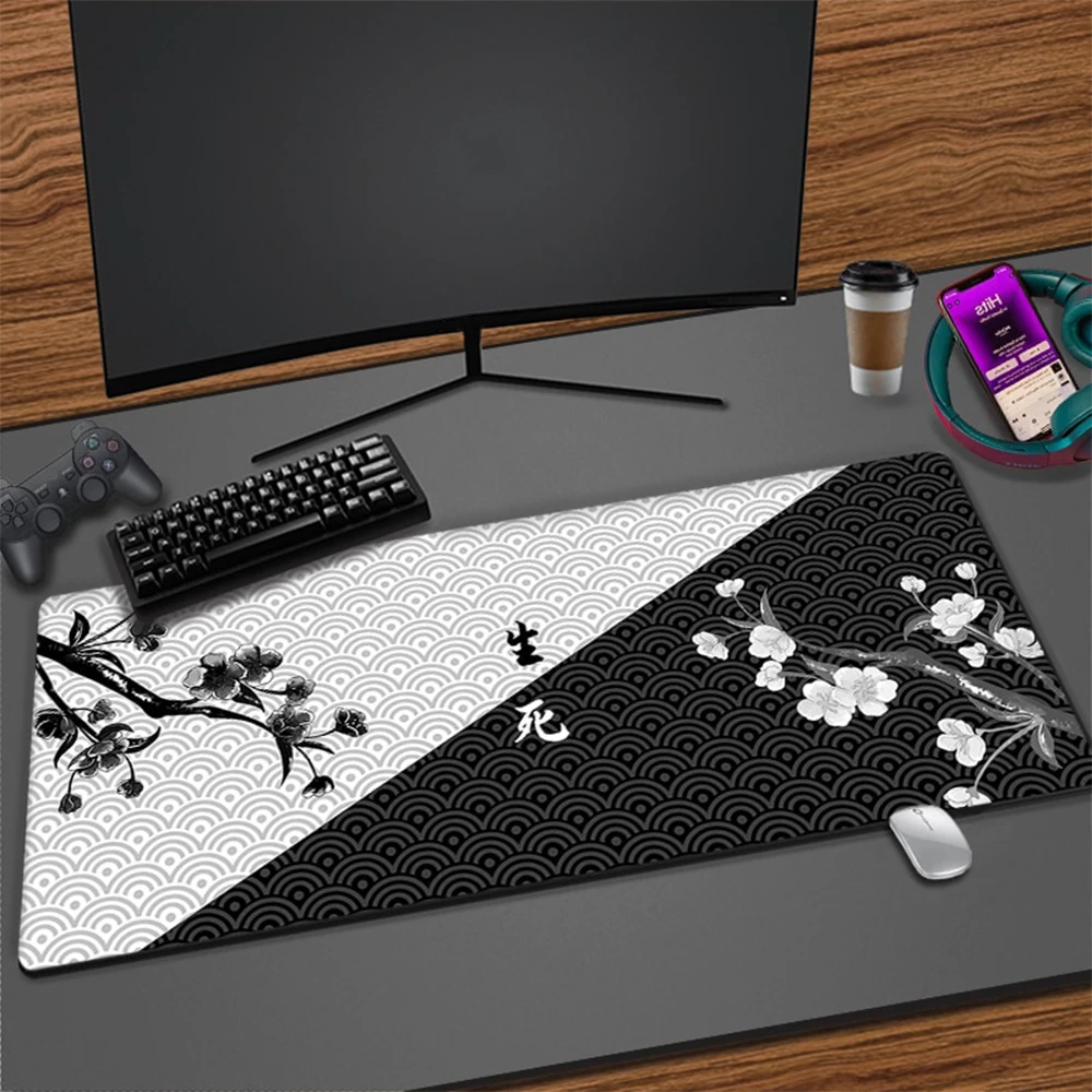 

Black White Mousepad Japan Sakura Gamer Computer Table Large Mouse Pad Art Cherry Blossoms Keyboard Deskmat Gaming Accessories