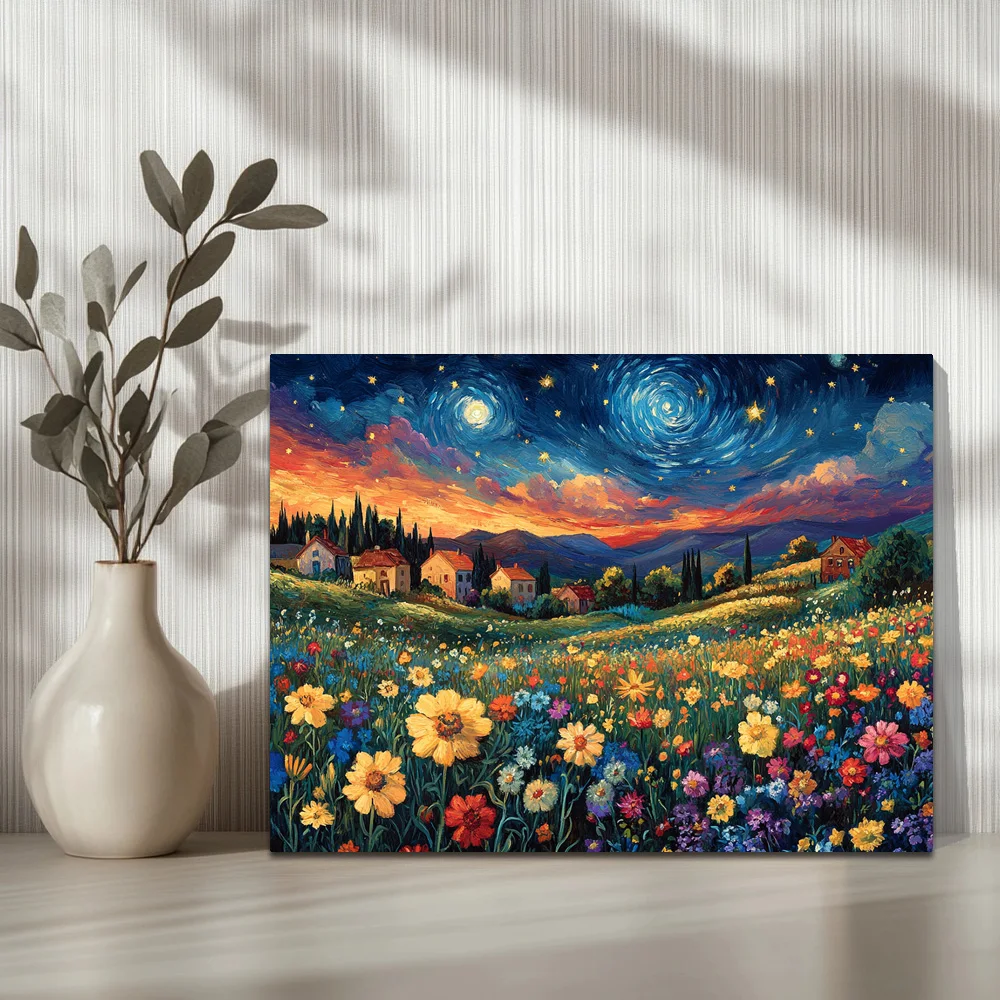 1pc,Under The Spinning Starry Sky Of Van Gogh, A Vibrant Flower Field B, Modern Canvas Wall Art,  Framed, 16x12inch