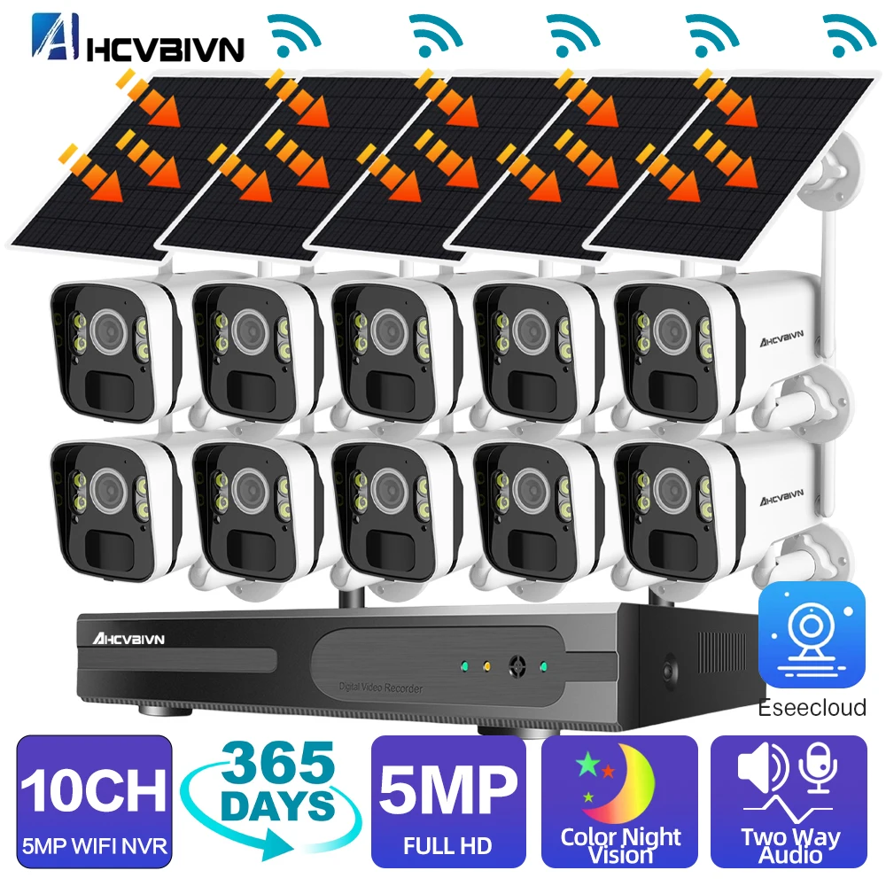 

4MP Wireless WiFi Solar Panel Battery Cameras Home Security System Audio Outdoor WiFi 10CH 8 Channels 2K CCTV Camera NVR Kit