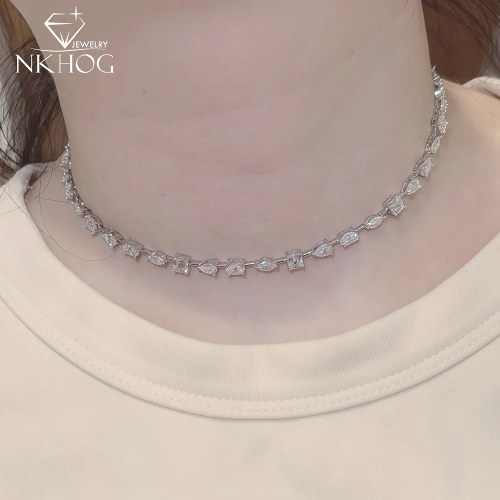 

NKHOG Full Moissanite Necklaces For Women 925 Sterling Silver Elegant Lab Diamond Wedding Clavicle Chain 18K Plated Fine Jewelry