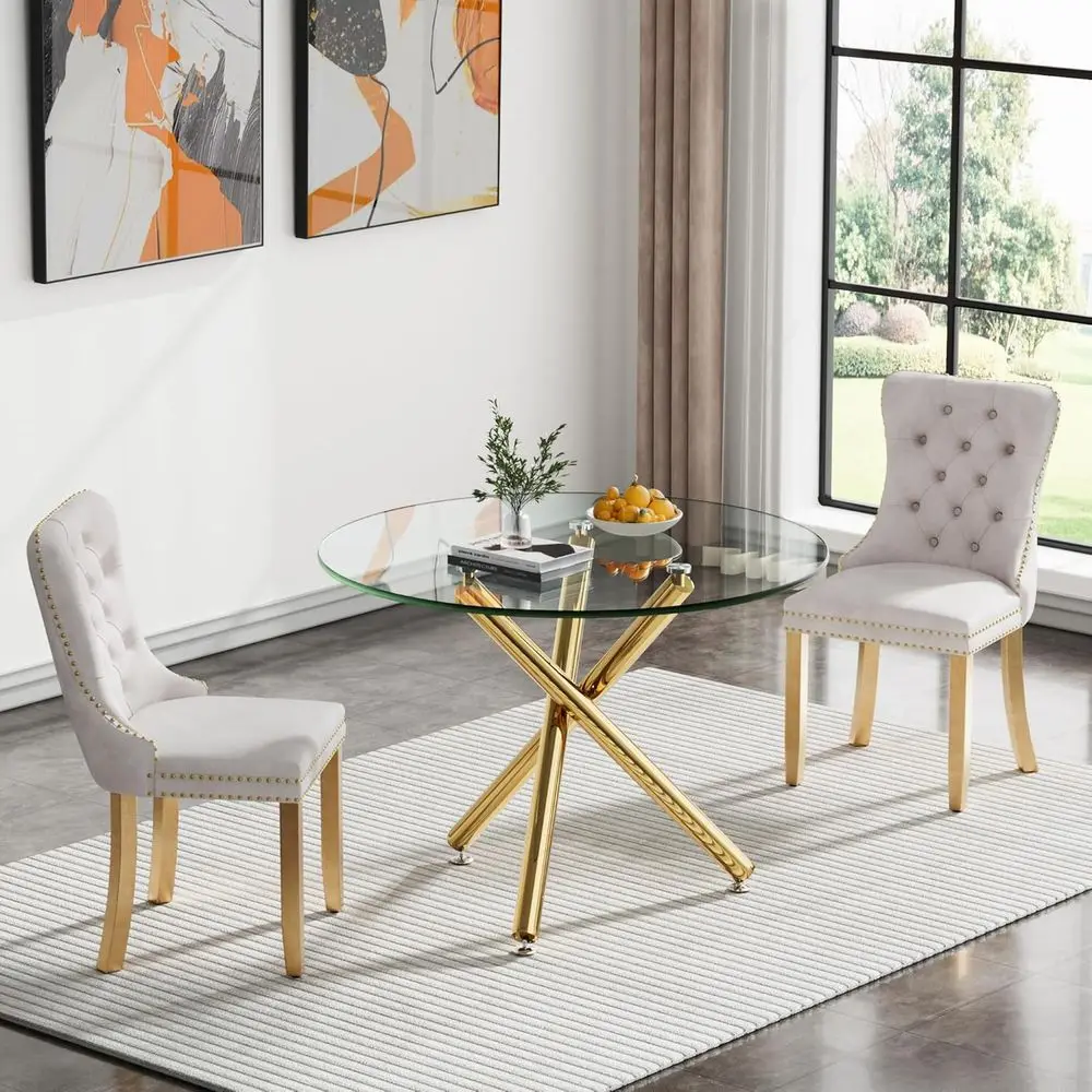 

Round Glass Dining Table Set with 2 Chairs or Small Kitchen Table Sets with 2 Chairs, 35 Gold Glass Table with Beige Velvet Chai