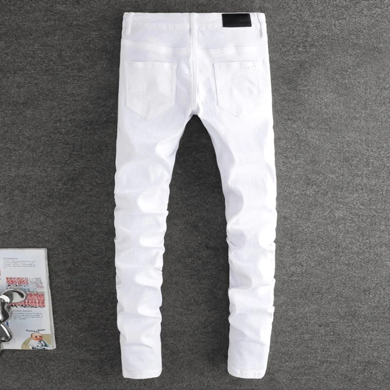 HombreStreet Designer High Street Fashion NewMen's Jeans Elastic Slimming Retro Beaded Patch White Jeans Hip Hop Pants HombreY2K