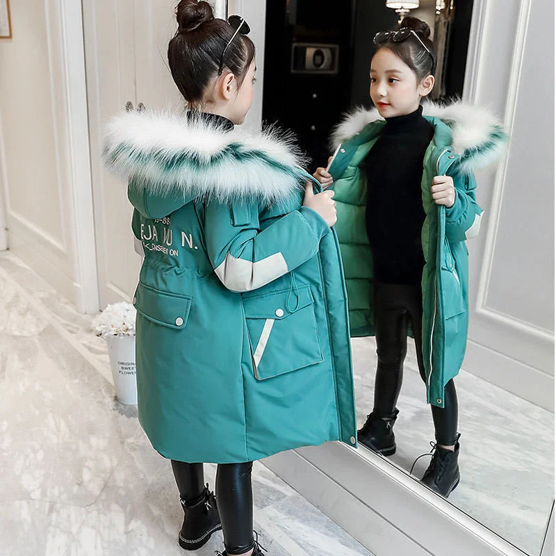 Parkas Wadded Jackets Thick Girls Warm Long Winter Coat 2023 New Fashion Fur Collar Letters Solid Kids Teenager Clothes 120-160